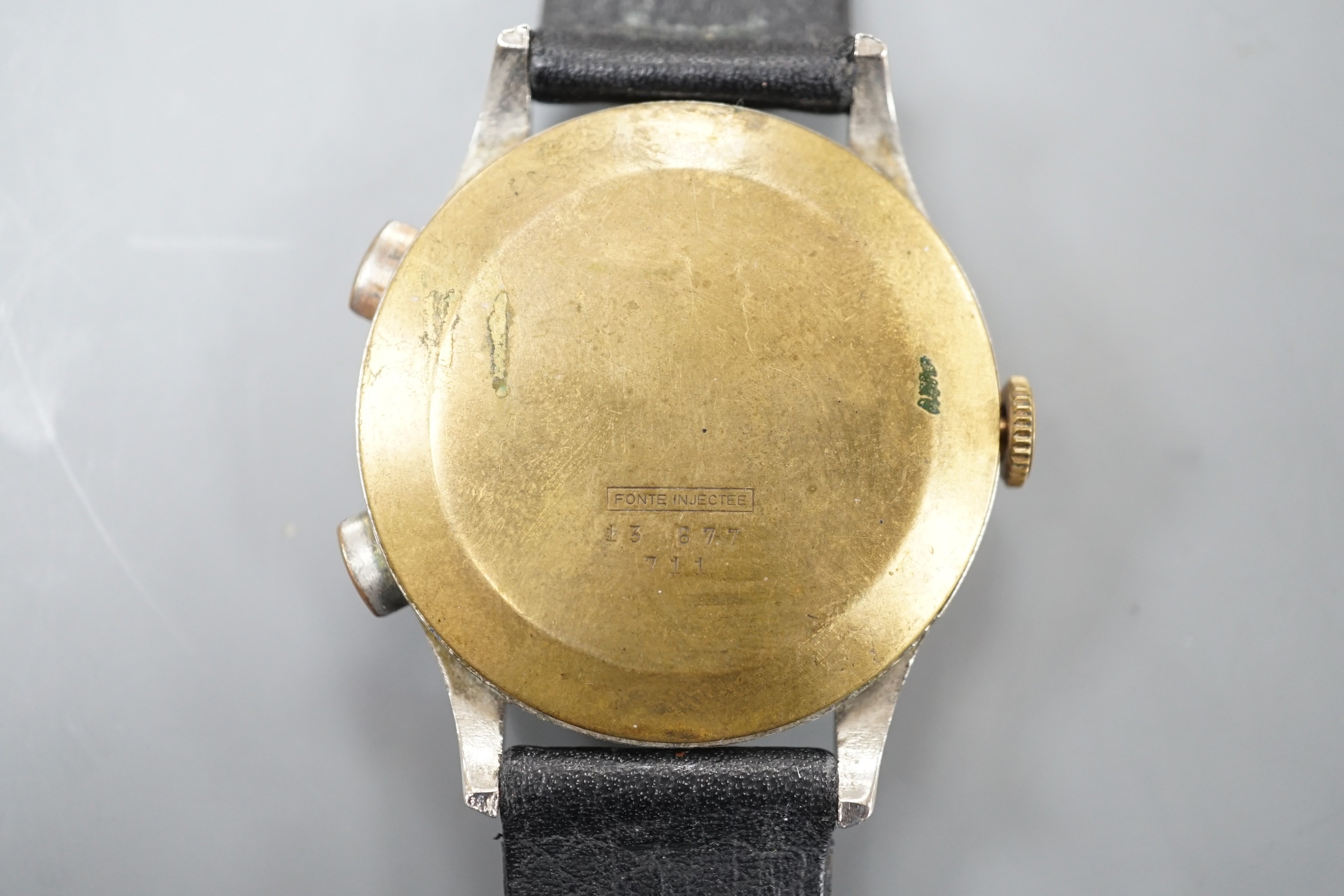 A gentleman's mid 20th century stainless steel Mentor chronograph wrist watch, on associated leather strap.